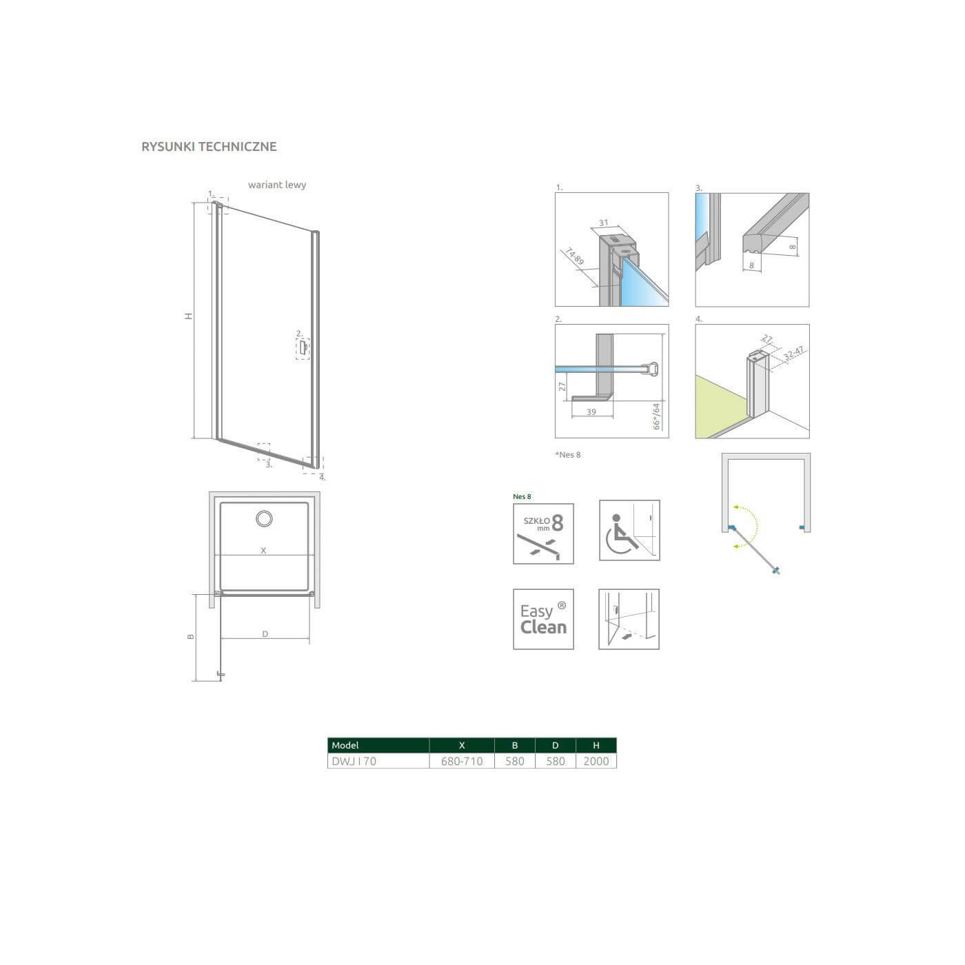 Drzwi Prysznicowe Nes 8 DWJ I 70 Lewe 10076070-01-01L Radaway