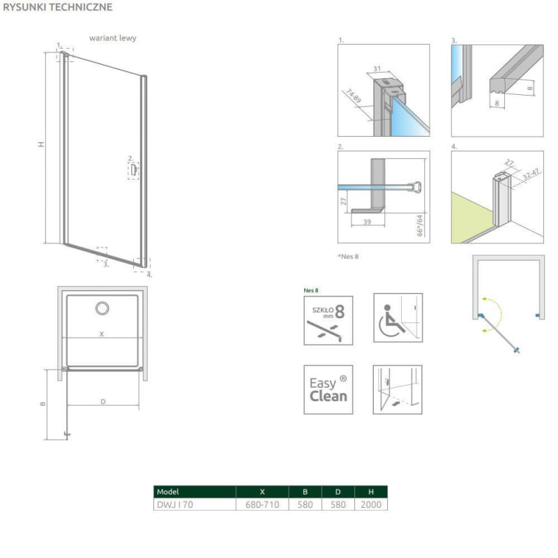 Drzwi Prysznicowe Nes 8 DWJ I 70 Lewe 10076070-01-01L Radaway
