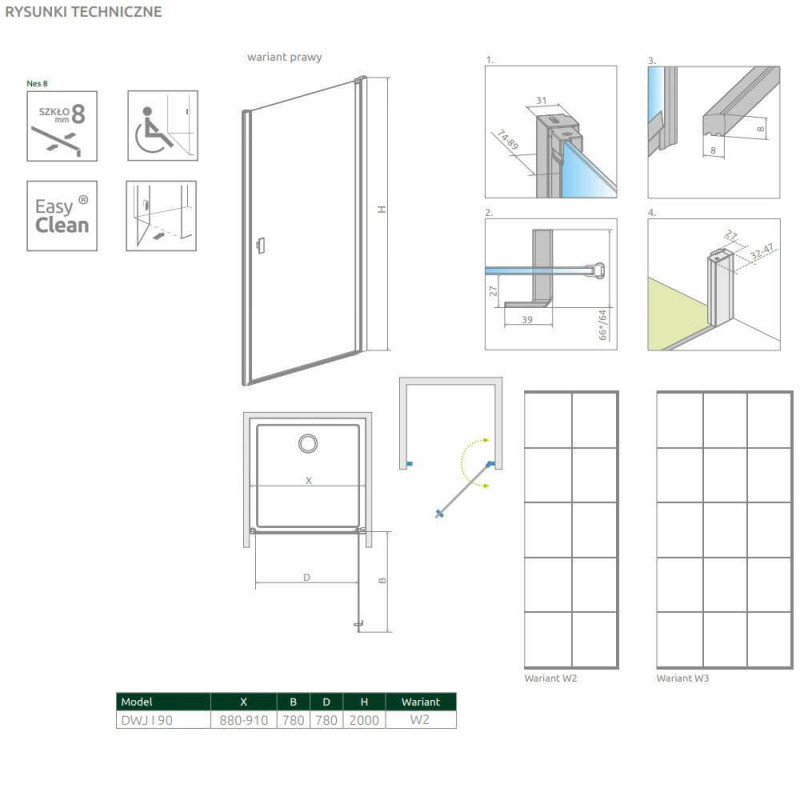 Drzwi Prysznicowe Nes 8 DWJ I Czarne 90 Prawe Factory 10076090-54-55R Radaway