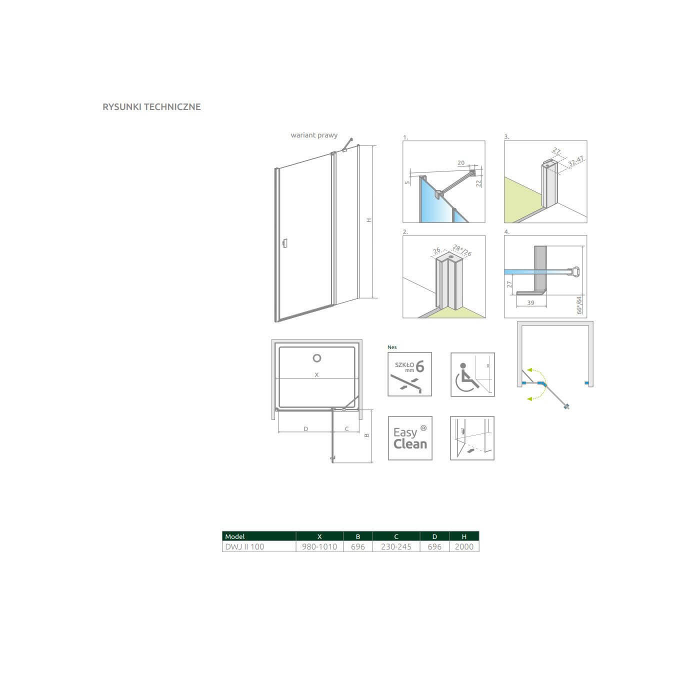 Drzwi Prysznicowe Nes DWJ II 100 Prawe 10036100-01-01R Radaway