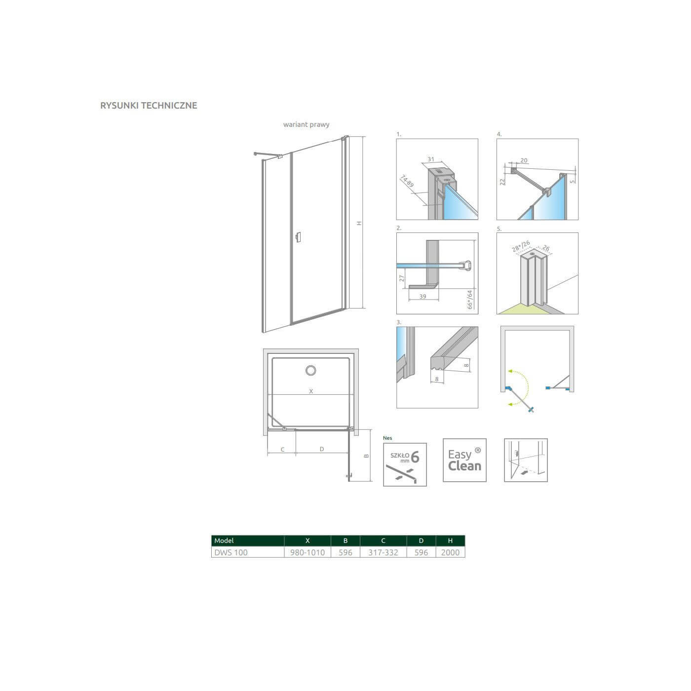 Drzwi Prysznicowe Nes DWS 100 Prawe 10028100-01-01R Radaway