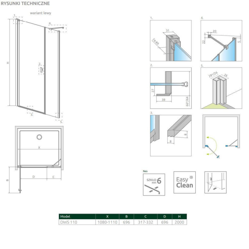 Drzwi Prysznicowe Nes DWS 110 Lewe 10028110-01-01L Radaway