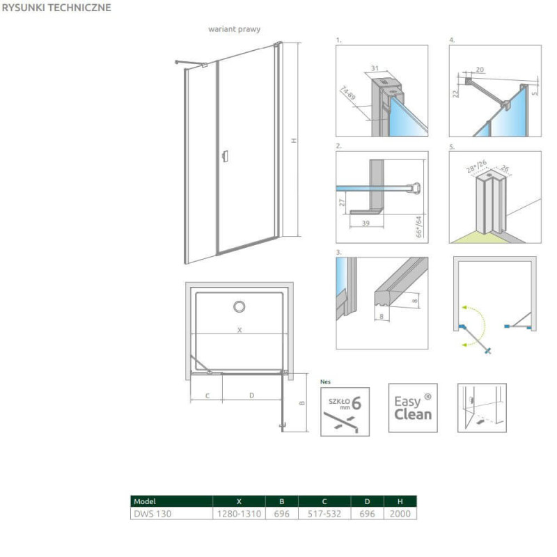 Drzwi Prysznicowe Nes DWS 130 Prawe 10028130-01-01R Radaway