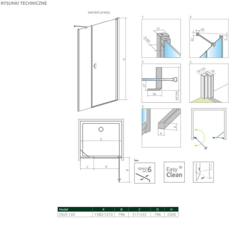 Drzwi Prysznicowe Nes DWS 140 Prawe 10028140-01-01R Radaway