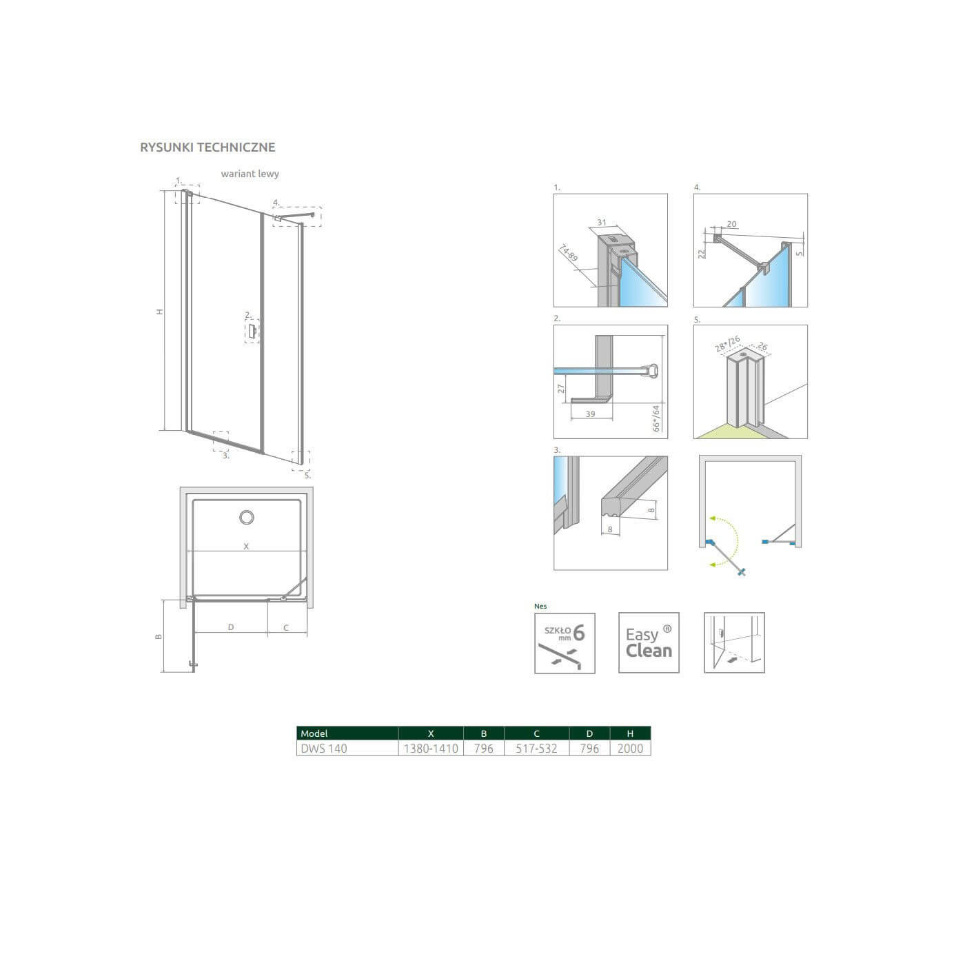 Drzwi Prysznicowe Nes DWS Czarne 140 Lewe 10028140-54-01L Radaway