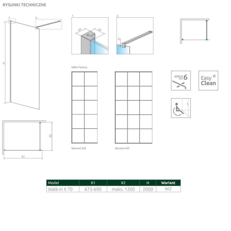 Kabina Nes Walk-In II 70 Czarna Factory 10013070-54-55 Radaway