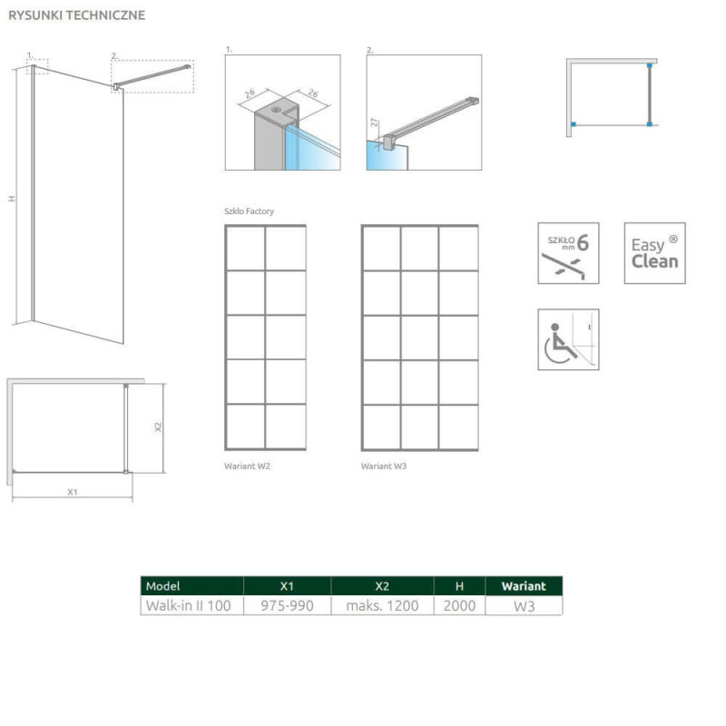Kabina Nes Walk-In II 100 Czarna Factory 10013100-54-55 Radaway