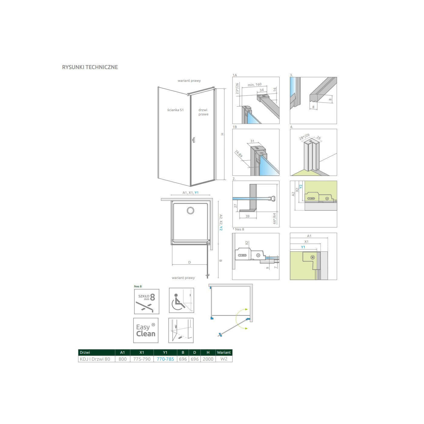 Drzwi Prysznicowe Nes 8 KDJ I Czarne 80 Prawe Frame 10072080-54-56R Radaway