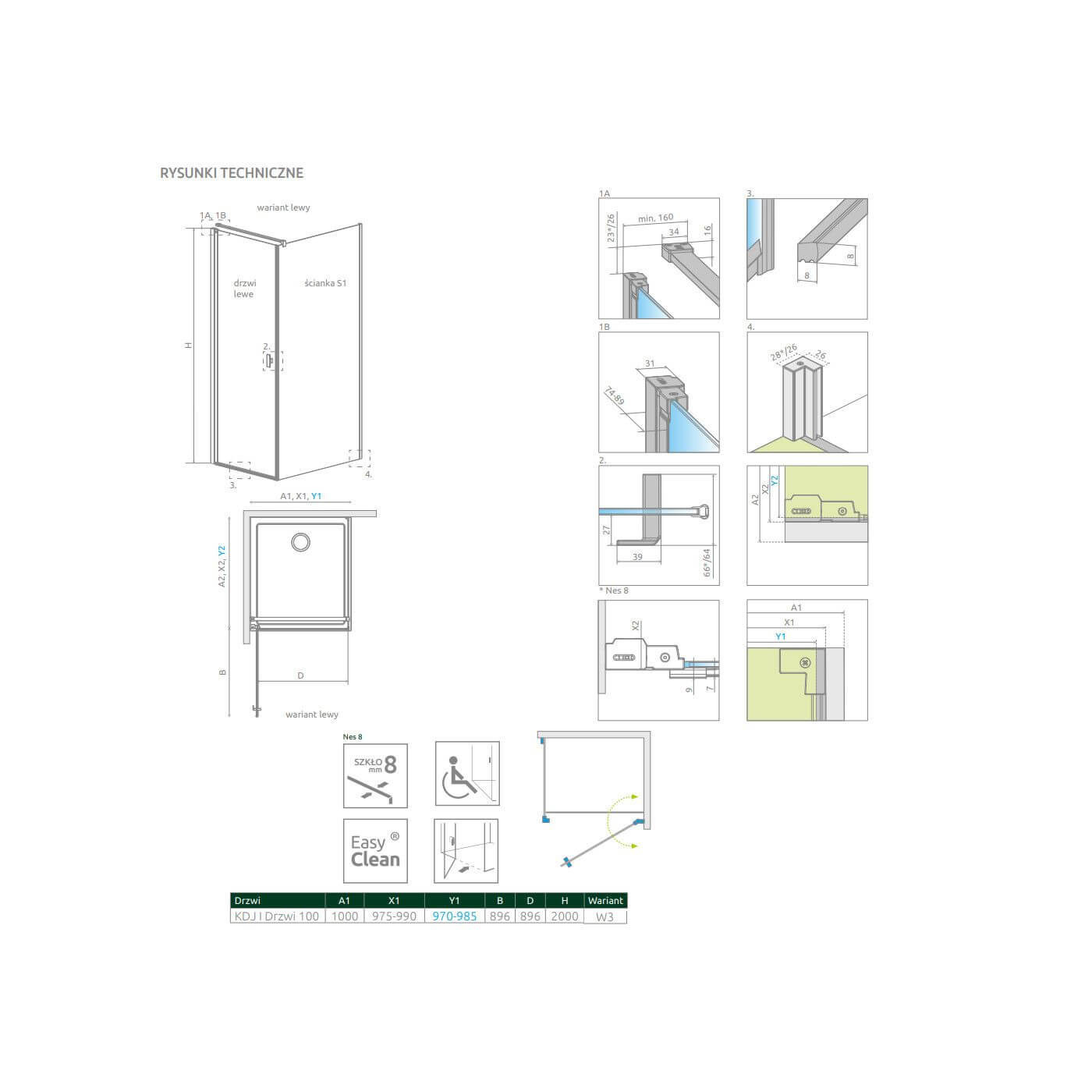 Drzwi Prysznicowe Nes 8 KDJ I Czarne 100 Lewe Frame 10072100-54-56L Radaway