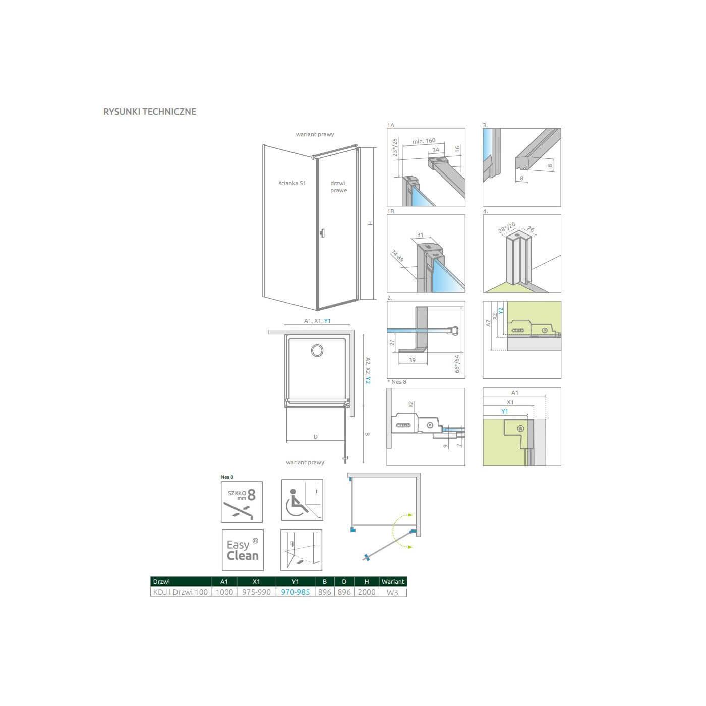 Drzwi Prysznicowe Nes 8 KDJ I Czarne 100 Prawe Frame 10072100-54-56R Radaway