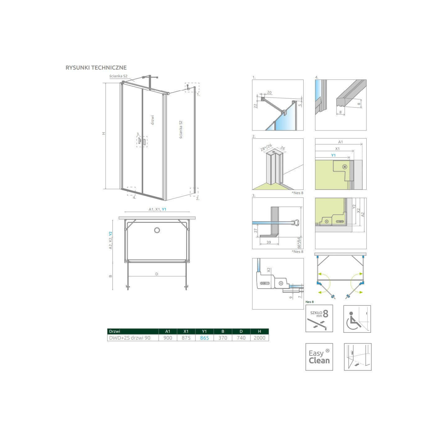 Drzwi Prysznicowe Nes 8 DWD+2S Czarne 90 10082190-54-01 Radaway