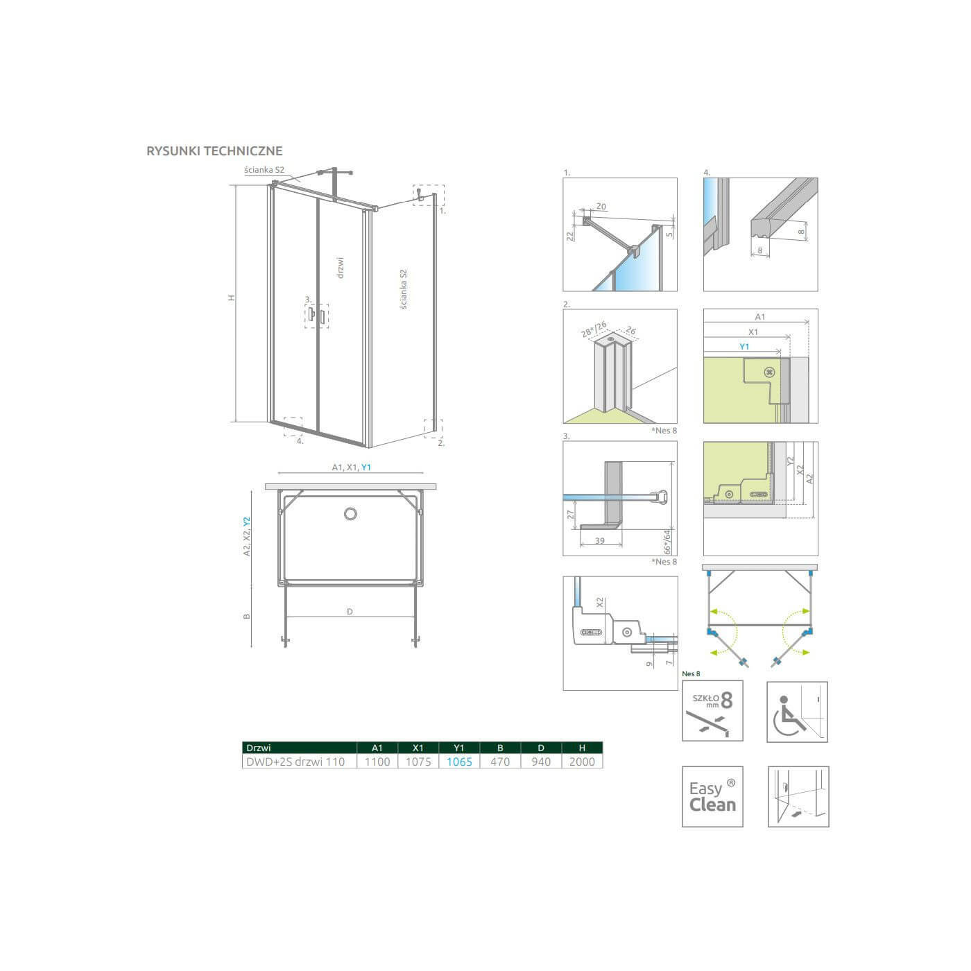 Drzwi Prysznicowe Nes 8 DWD+2S Czarne 110 10082110-54-01 Radaway