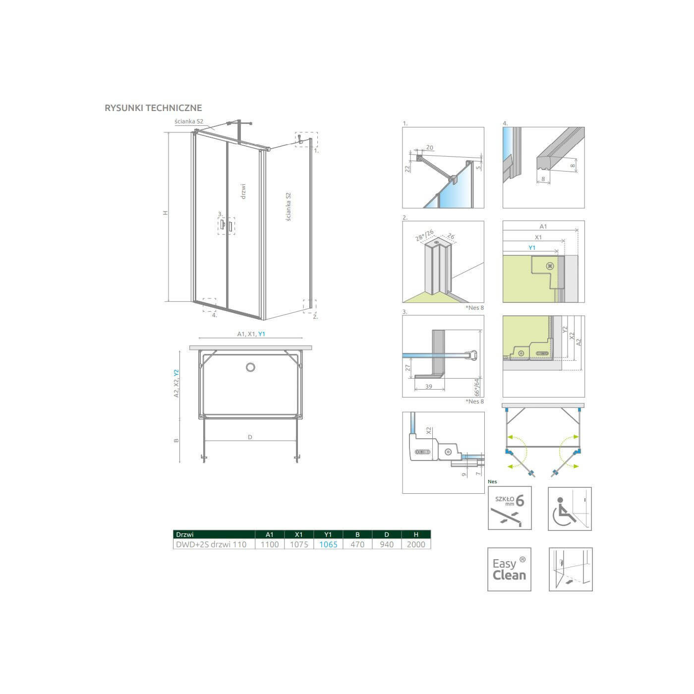 Drzwi Prysznicowe Nes DWD+2S Czarne 110 10035110-54-01 Radaway
