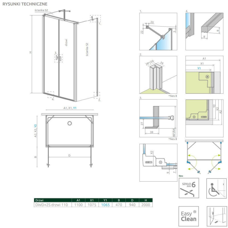 Drzwi Prysznicowe Nes DWD+2S Czarne 110 10035110-54-01 Radaway