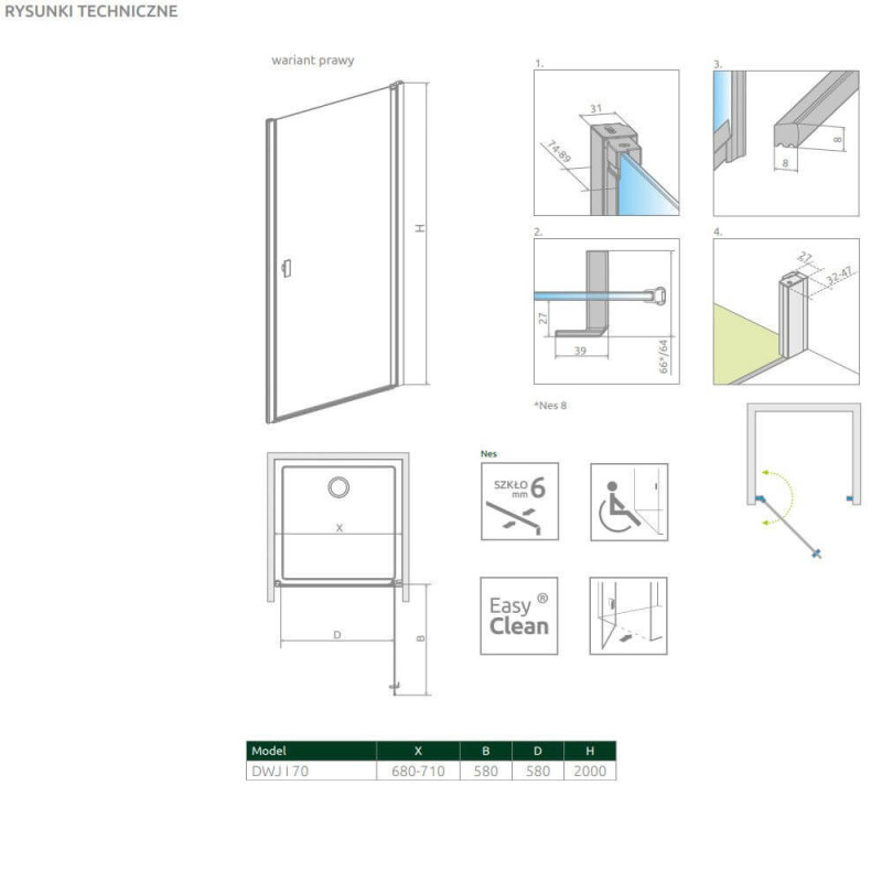 Drzwi Prysznicowe Nes DWJ I 70 Prawe 10026070-01-01R Radaway
