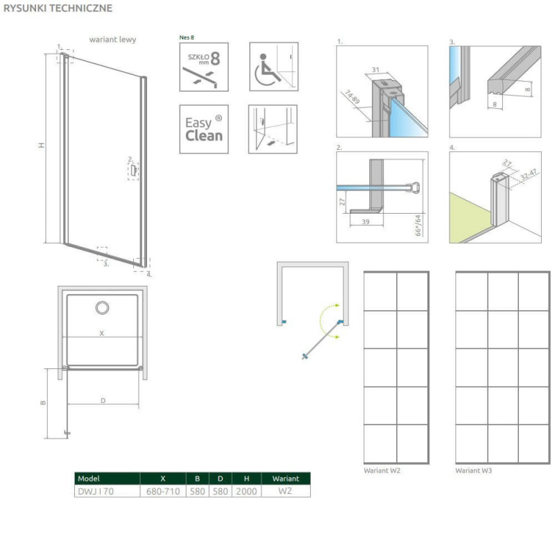 Drzwi Prysznicowe Nes 8 DWJ I Czarne 70 Lewe Factory 10076070-54-55L Radaway