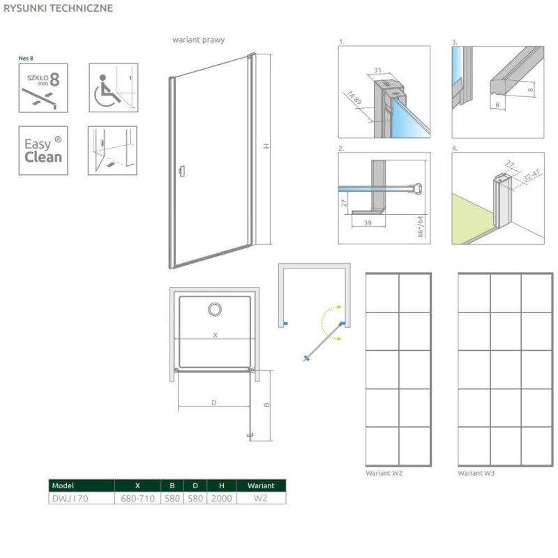 Drzwi Prysznicowe Nes 8 DWJ I Czarne 70 Prawe Factory 10076070-54-55R Radaway
