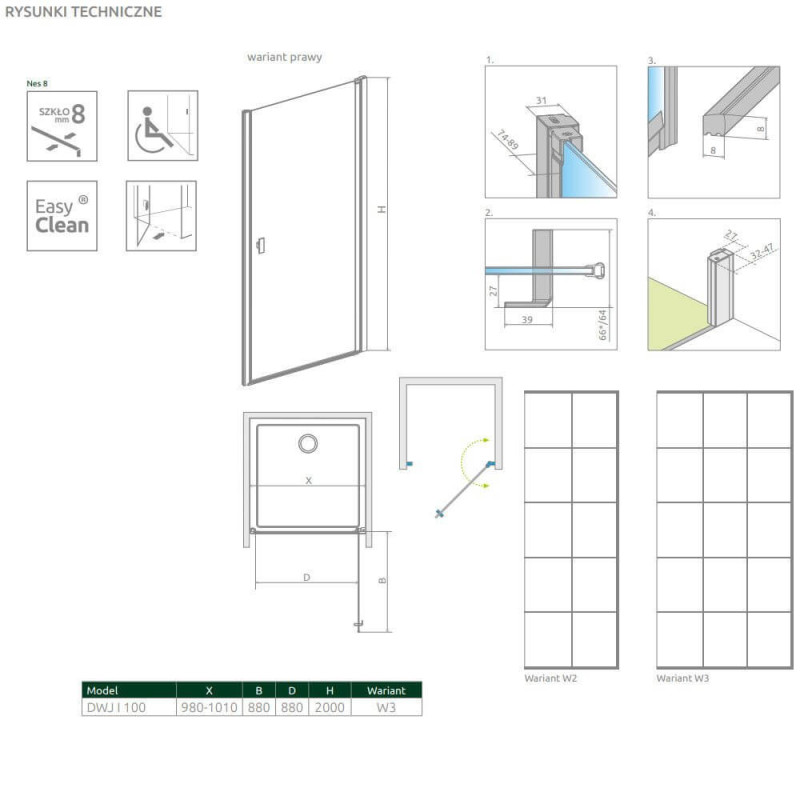 Drzwi Prysznicowe Nes 8 DWJ I Czarne 100 Prawe Factory 10076100-54-55R Radaway