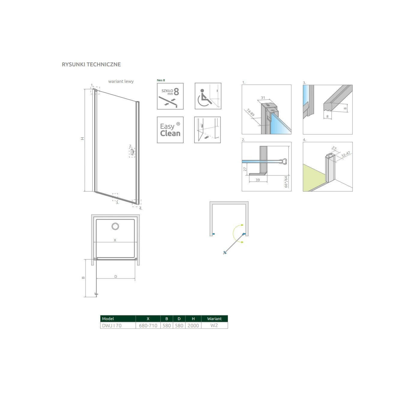 Drzwi Prysznicowe Nes 8 DWJ I Czarne 70 Lewe Frame 10076070-54-56L Radaway