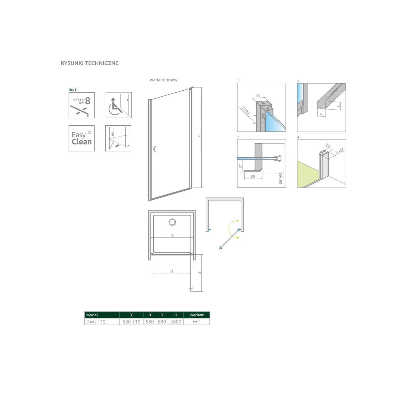 Drzwi Prysznicowe Nes 8 DWJ I Czarne 70 Prawe Frame 10076070-54-56R Radaway