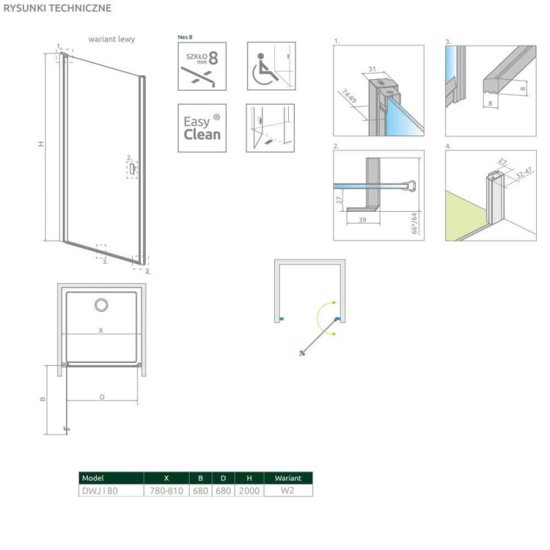 Drzwi Prysznicowe Nes 8 DWJ I Czarne 80 Lewe Frame 10076080-54-56L Radaway