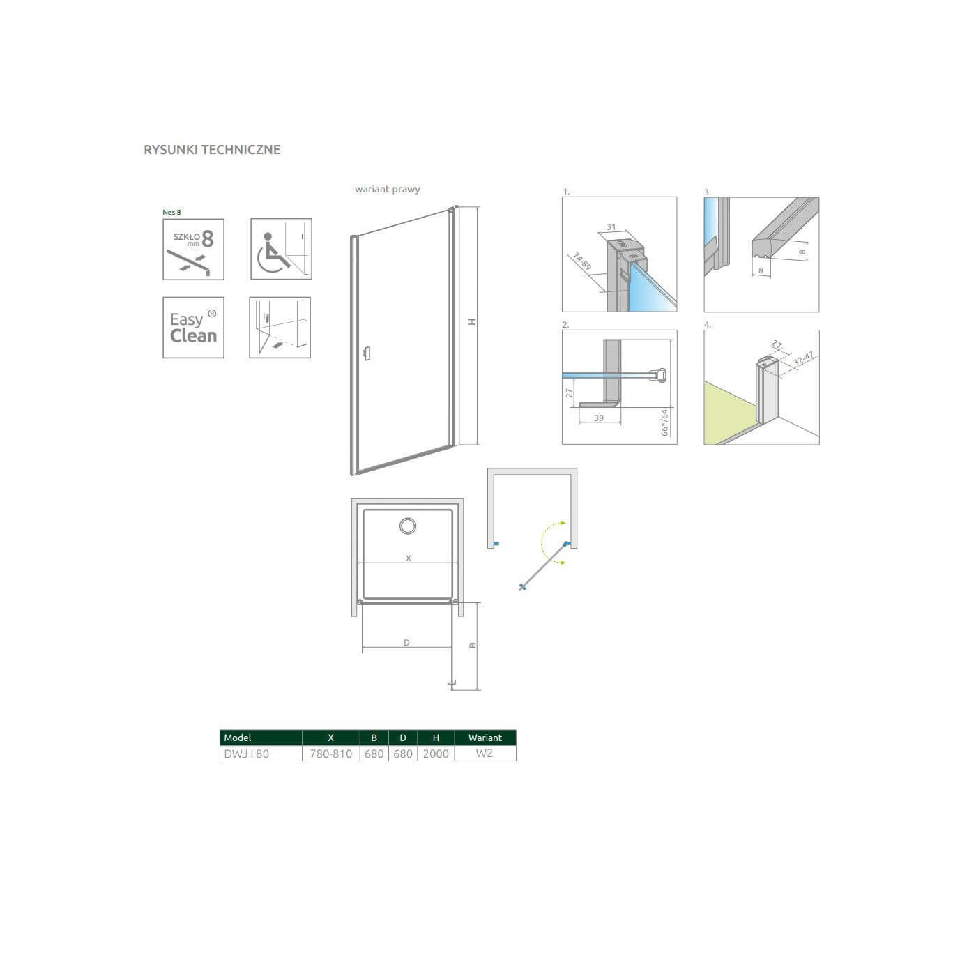 Drzwi Prysznicowe Nes 8 DWJ I Czarne 80 Prawe Frame 10076080-54-56R Radaway