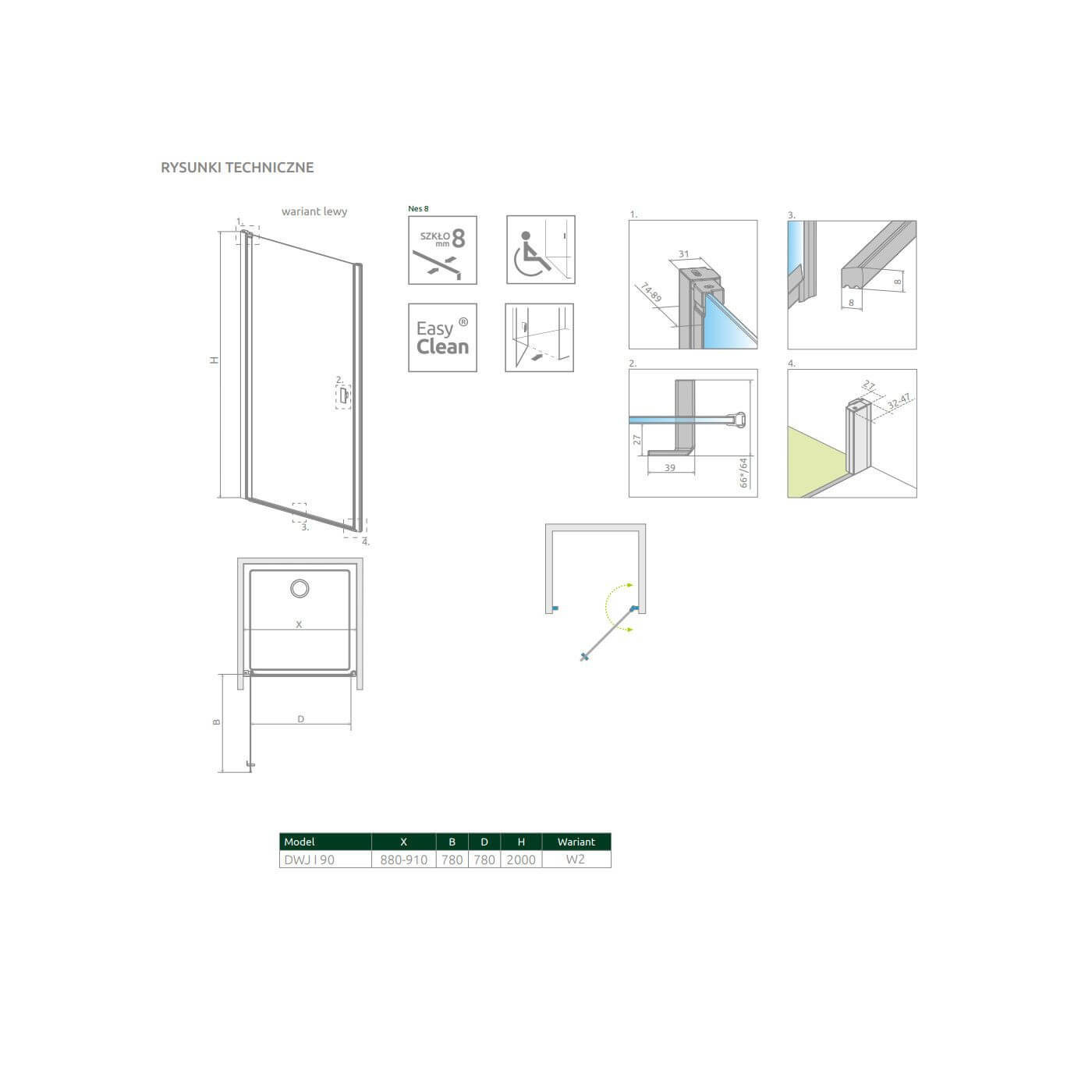Drzwi Prysznicowe Nes 8 DWJ I Czarne 90 Lewe Frame 10076090-54-56L Radaway