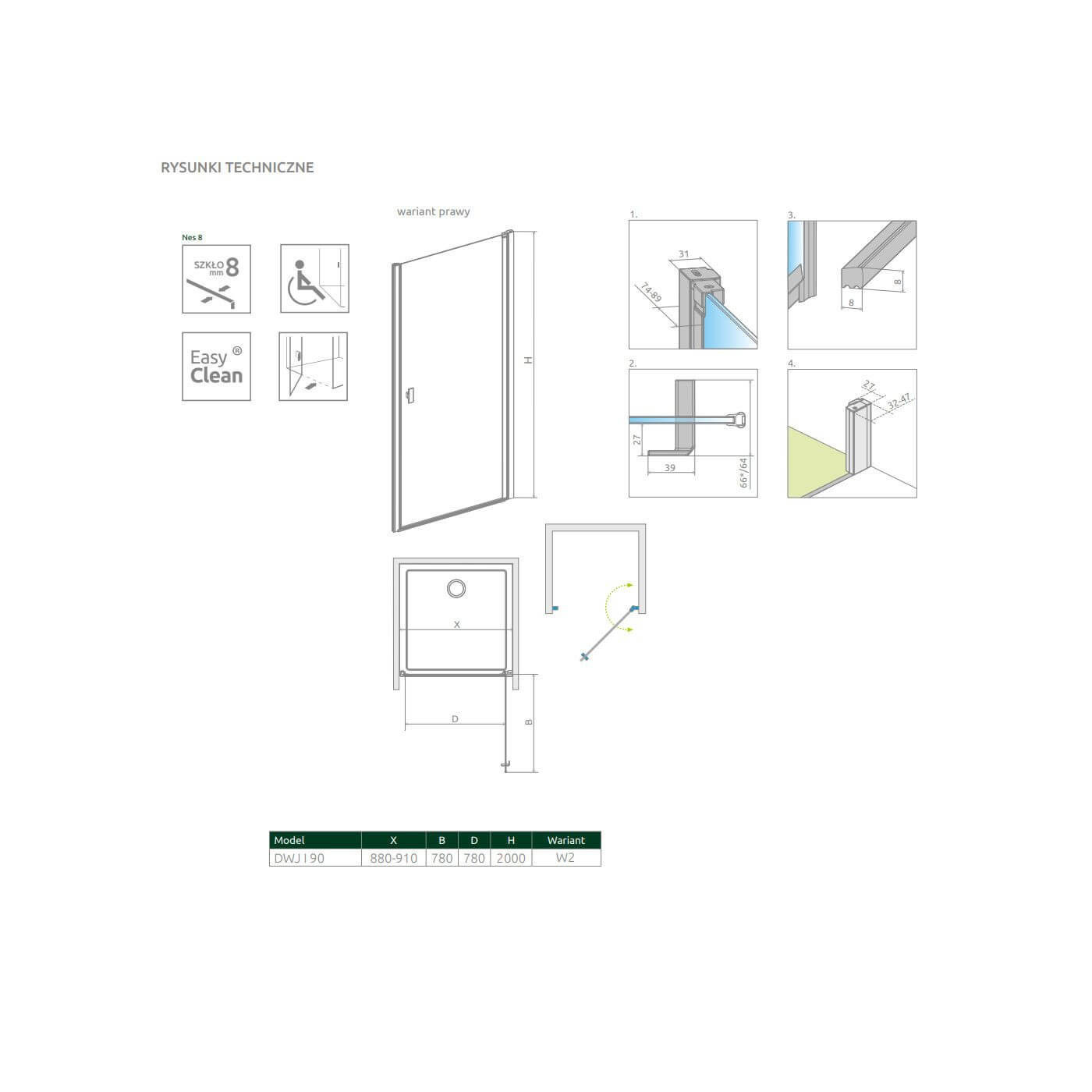 Drzwi Prysznicowe Nes 8 DWJ I Czarne 90 Prawe Frame 10076090-54-56R Radaway