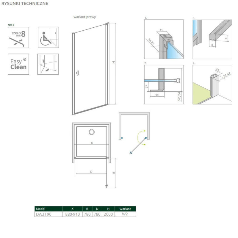 Drzwi Prysznicowe Nes 8 DWJ I Czarne 90 Prawe Frame 10076090-54-56R Radaway