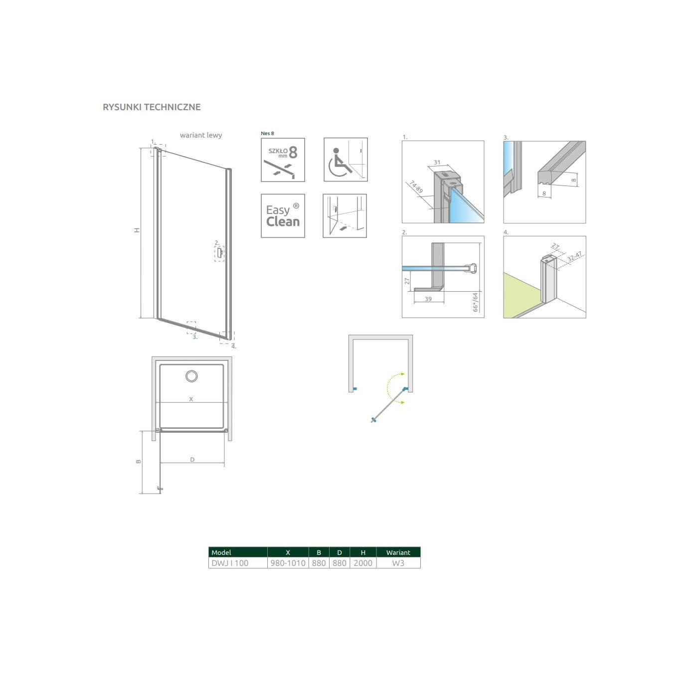 Drzwi Prysznicowe Nes 8 DWJ I Czarne 100 Lewe Frame 10076100-54-56L Radaway