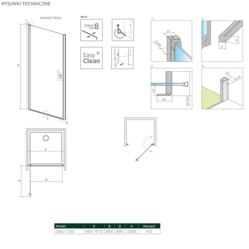 Drzwi Prysznicowe Nes 8 DWJ I Czarne 100 Lewe Frame 10076100-54-56L Radaway