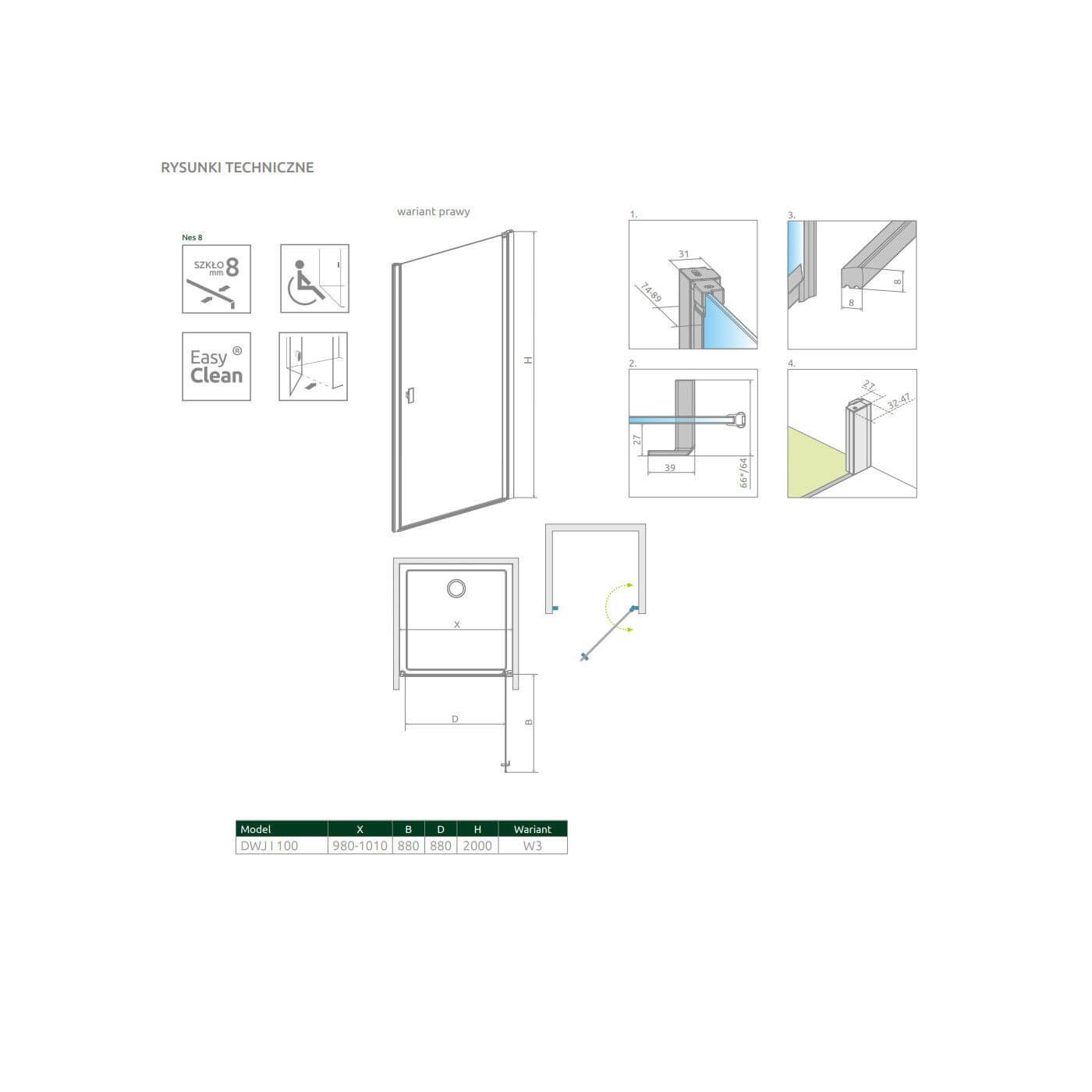 Drzwi Prysznicowe Nes 8 DWJ I Czarne 100 Prawe Frame 10076100-54-56R Radaway