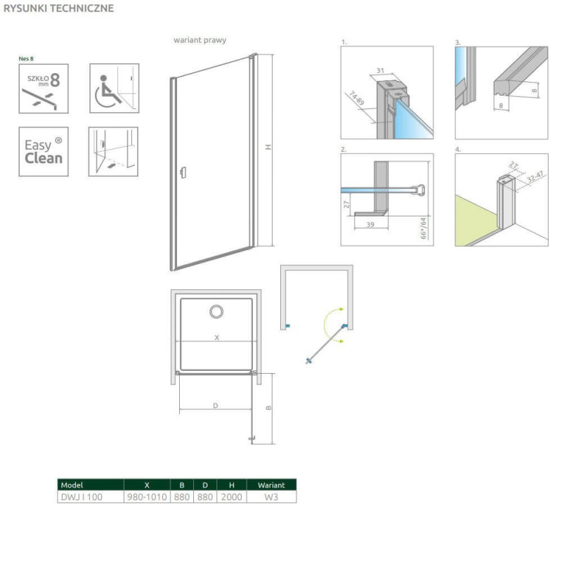 Drzwi Prysznicowe Nes 8 DWJ I Czarne 100 Prawe Frame 10076100-54-56R Radaway