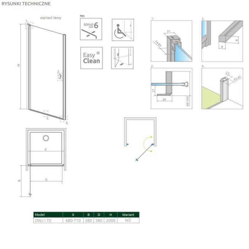 Drzwi Prysznicowe Nes DWJ I Czarne 70 Lewe Frame 10026070-54-56L Radaway
