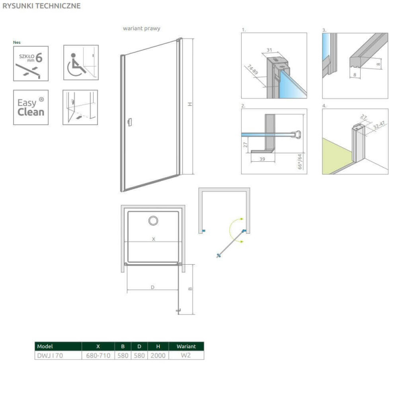Drzwi Prysznicowe Nes DWJ I Czarne 70 Prawe Frame 10026070-54-56R Radaway
