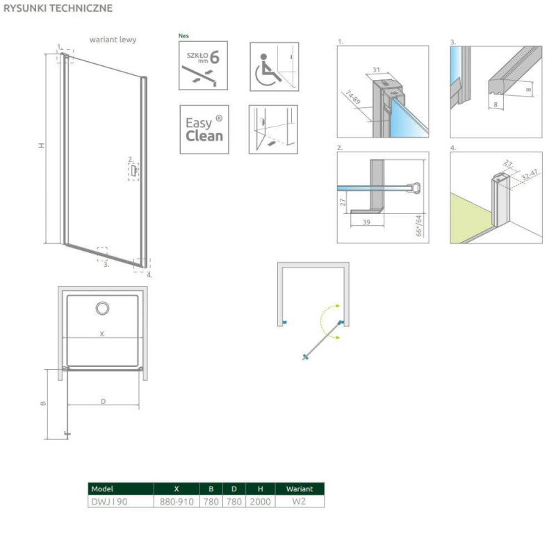 Drzwi Prysznicowe Nes DWJ I Czarne 90 Lewe Frame 10026090-54-56L Radaway