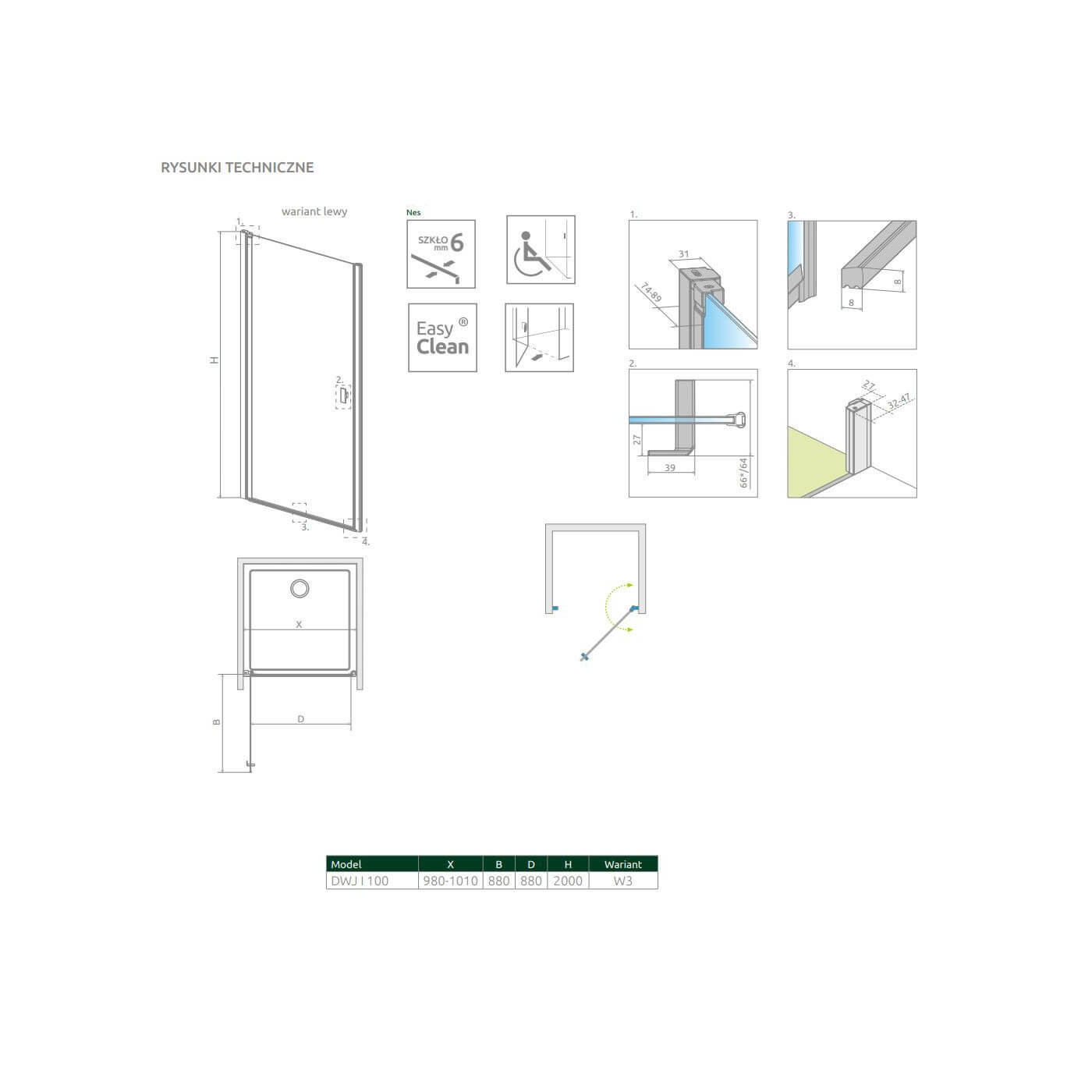 Drzwi Prysznicowe Nes DWJ I Czarne 100 Lewe Frame 10026100-54-56L Radaway