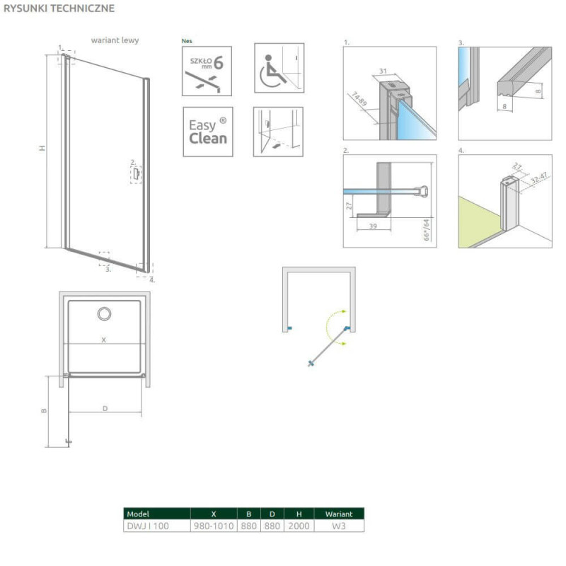 Drzwi Prysznicowe Nes DWJ I Czarne 100 Lewe Frame 10026100-54-56L Radaway