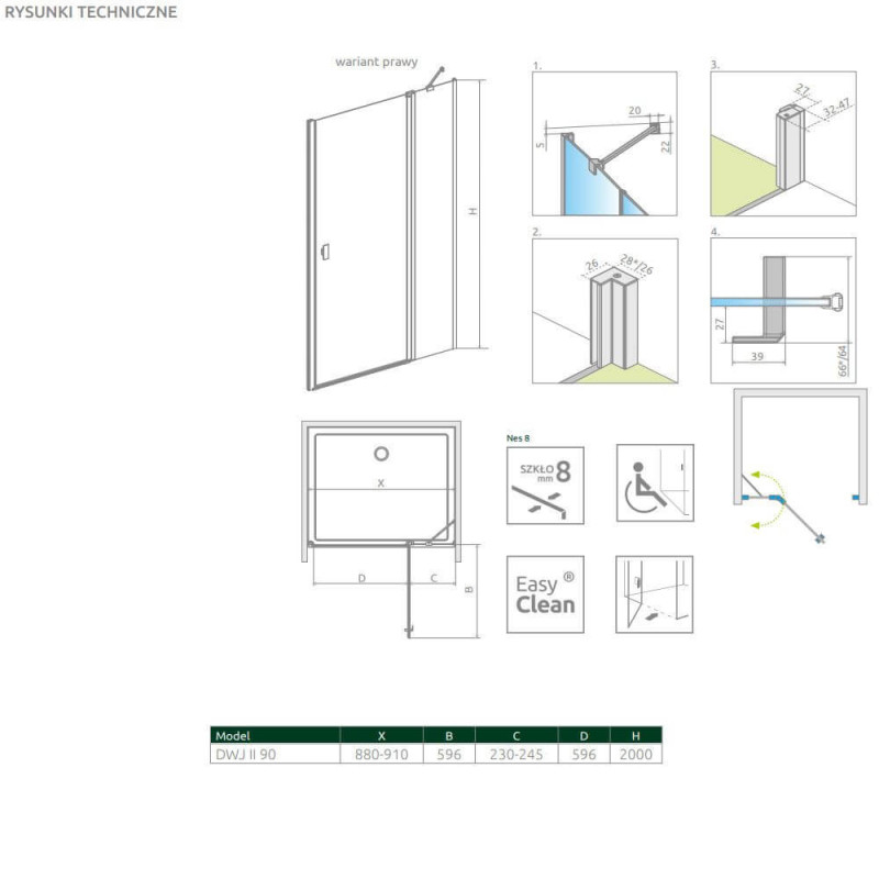 Drzwi Prysznicowe Nes 8 DWJ II 90 Prawe 10083090-01-01R Radaway