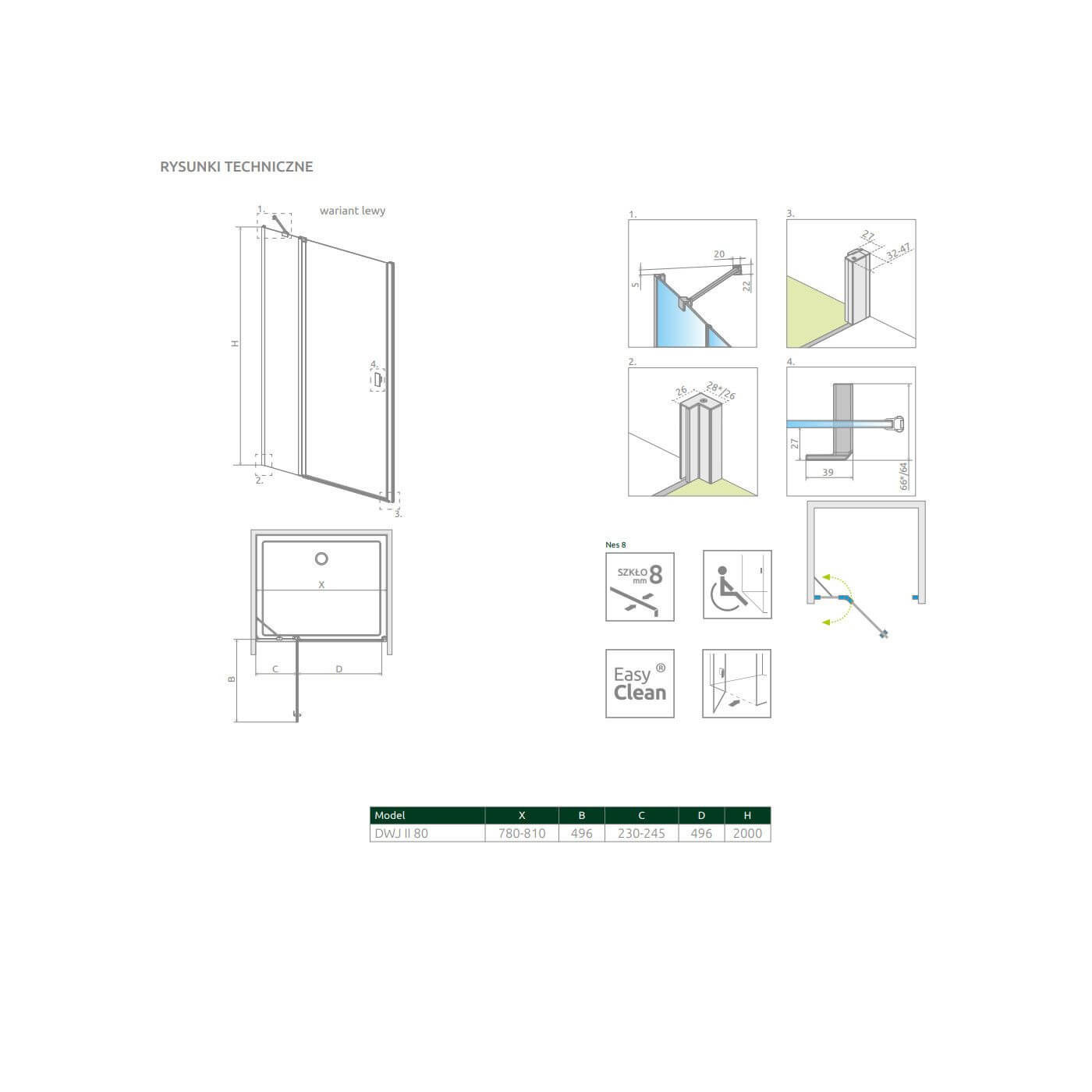 Drzwi Prysznicowe Nes 8 DWJ II Czarne 80 Lewe 10083080-54-01L Radaway
