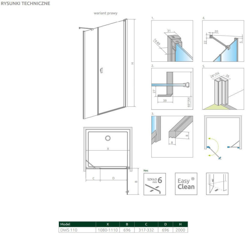Drzwi Prysznicowe Nes DWS 110 Prawe 10028110-01-01R Radaway