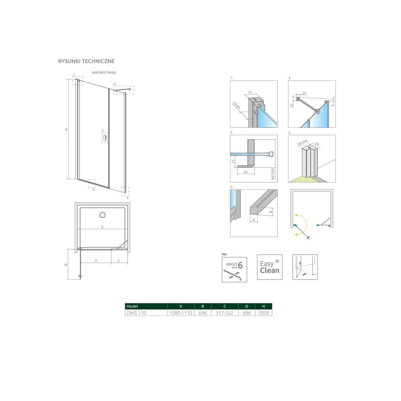 Drzwi Prysznicowe Nes DWS Czarne 110 Lewe 10028110-54-01L Radaway