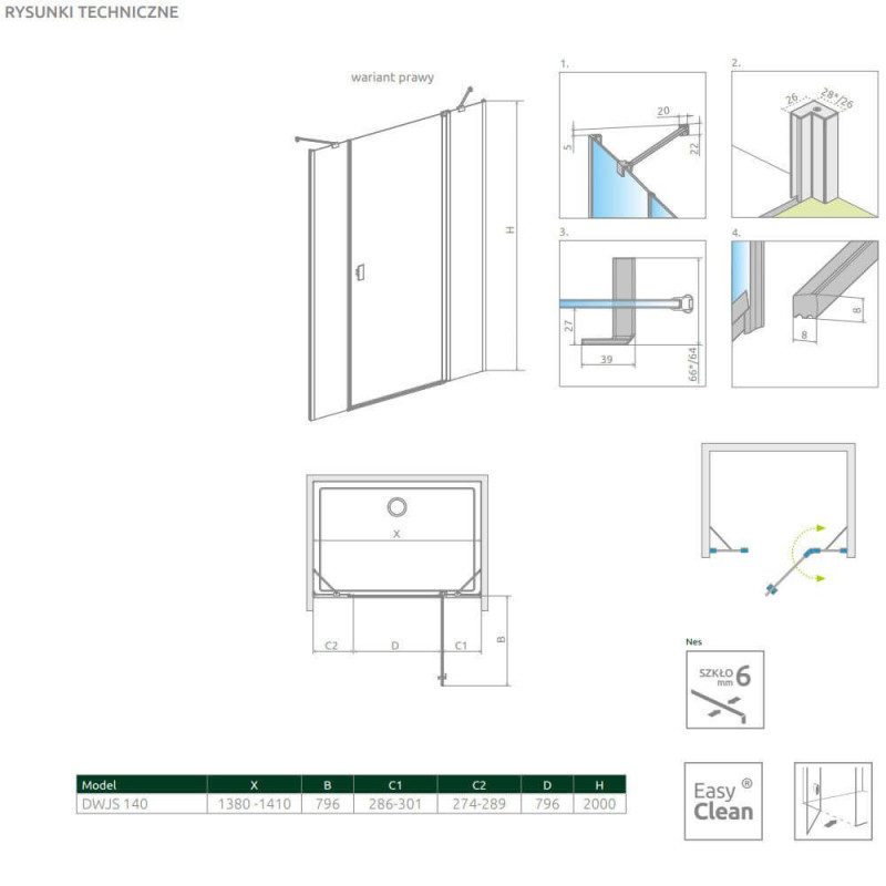 Drzwi Prysznicowe Nes DWJS 140 Prawe 10038140-01-01R Radaway