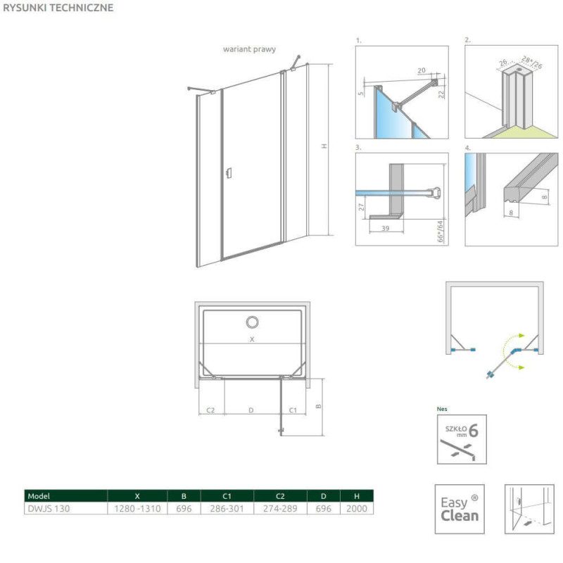 Drzwi Prysznicowe Nes DWJS Czarne 130 Prawe 10038130-54-01R Radaway