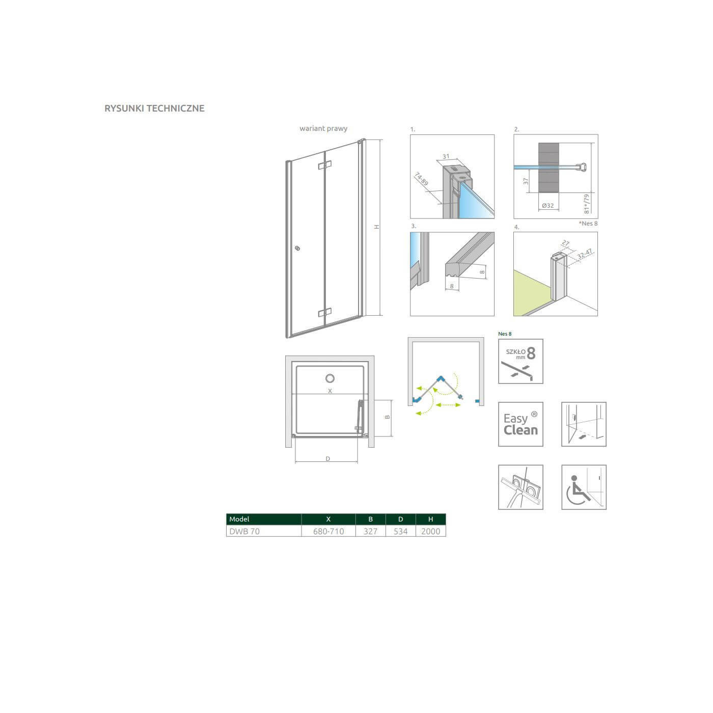 Drzwi Prysznicowe Nes 8 DWB 70 Prawe 10079070-01-01R Radaway