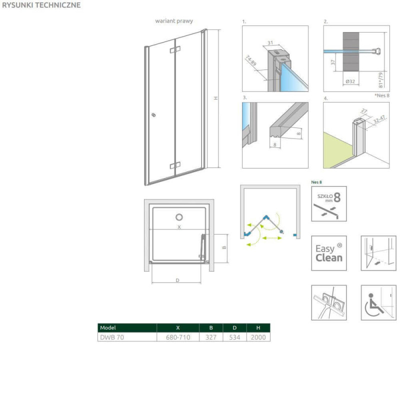Drzwi Prysznicowe Nes 8 DWB 70 Prawe 10079070-01-01R Radaway