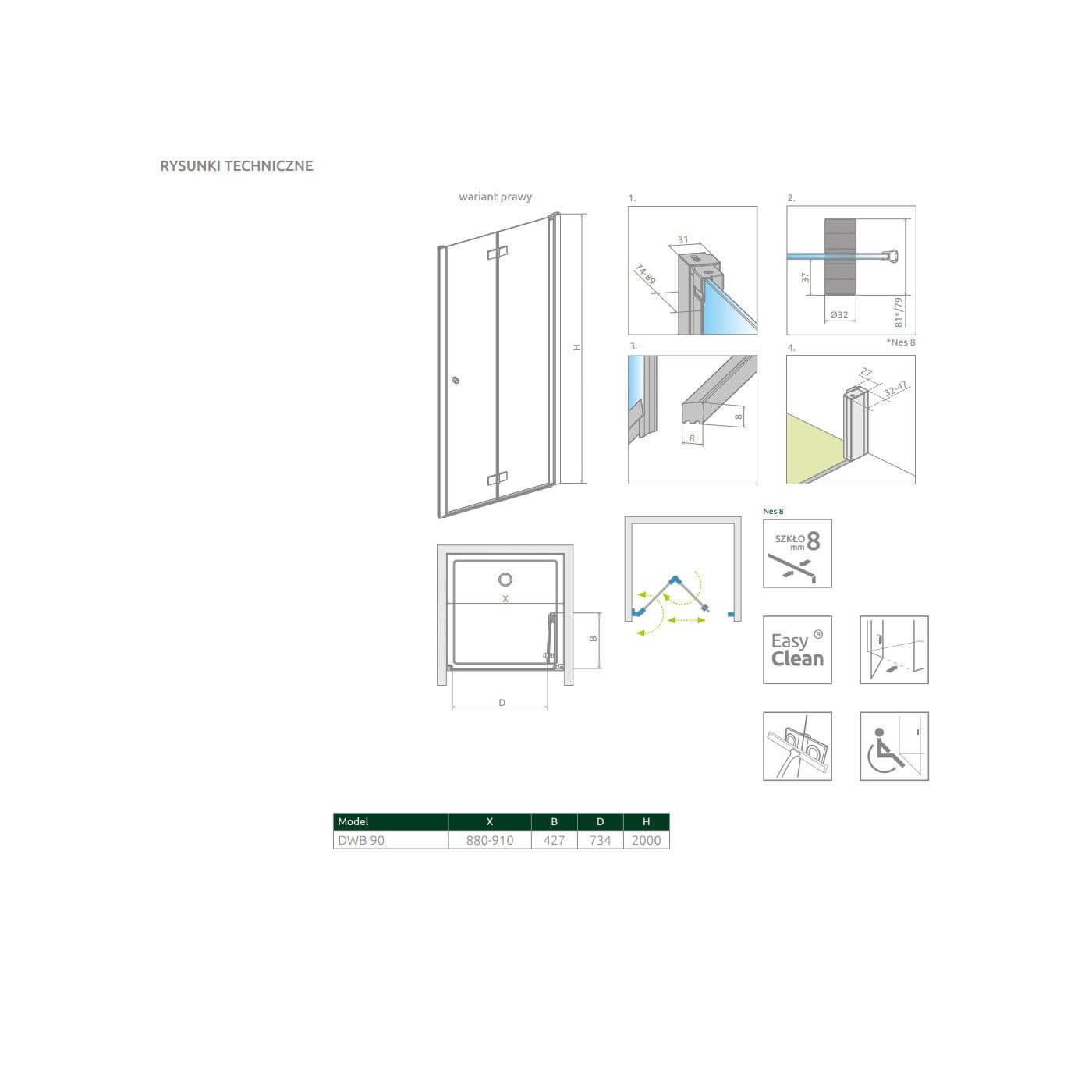 Drzwi Prysznicowe Nes 8 DWB 90 Prawe 10079090-01-01R Radaway