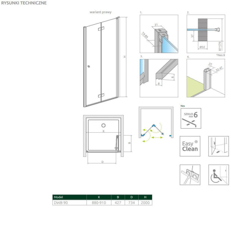 Drzwi Prysznicowe Nes DWB 90 Prawe 10029090-01-01R Radaway