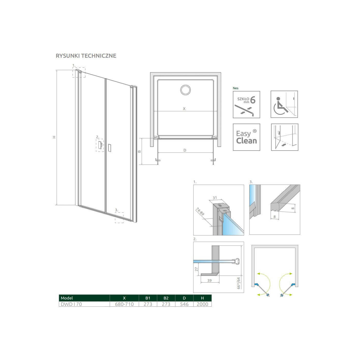 Drzwi prysznicowe Nes DWD I Czarne 70 10027070-54-01 Radaway