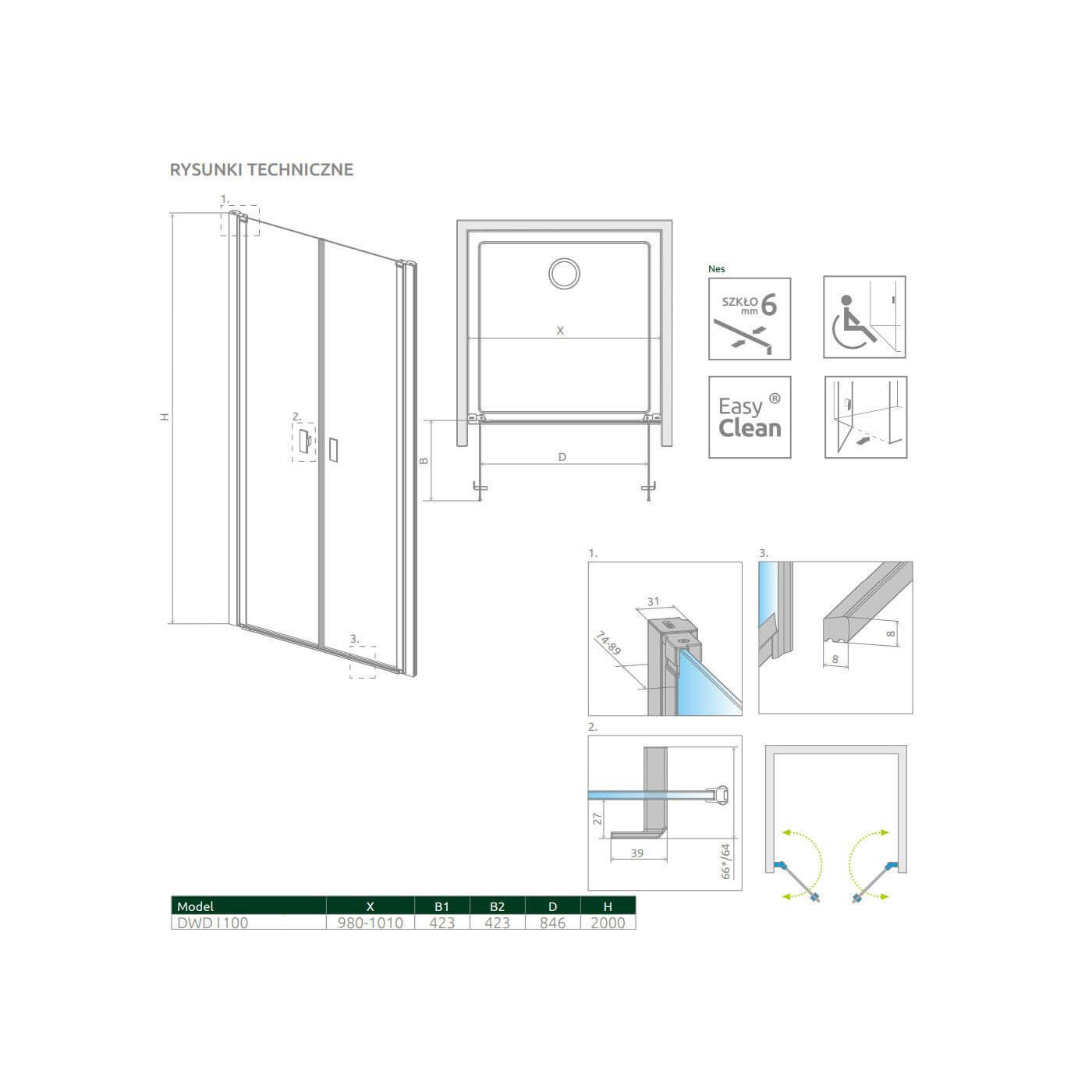 Drzwi prysznicowe Nes DWD I Czarne 100 10027100-54-01 Radaway